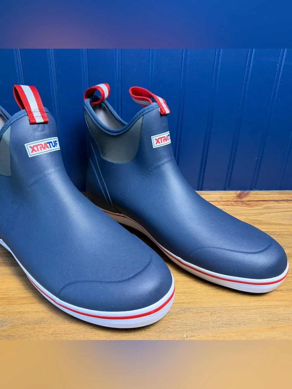 XTRATUF Men’s 12 Ankle Deck Boots Navy Red Waterproof Fishing Rain Boots